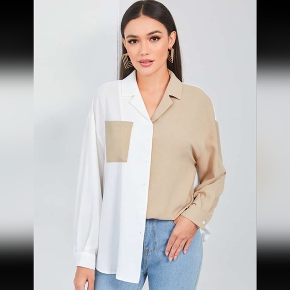 Women Color Contrast Stitched Button Up, Casual - Picture 1 of 2